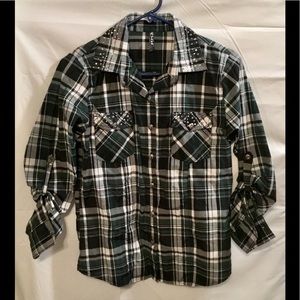 Ava & Viv Green Plaid Button Up Shirt Rhinestones
